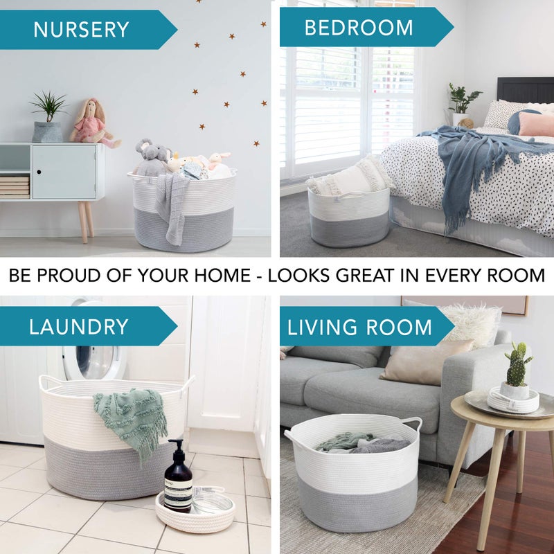 Huddle Supply Co XXXL WASHABLE Large Blanket Basket 85L 2PCs Handmade Decorative Woven Baskets for Storage - Soft Durable XXX Large Cotton Rope Blanket Storage for Living Room, Toys, Organizer 22" x 14" (Grey/White) - Image 4